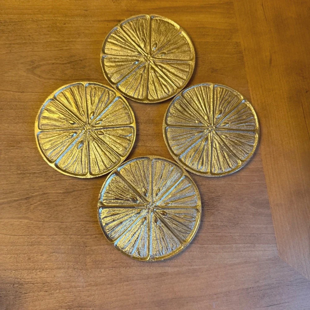 Set of 4 Gold Tone Orange Slice Metal Coasters Citrus Fruit Drink Coaster Set